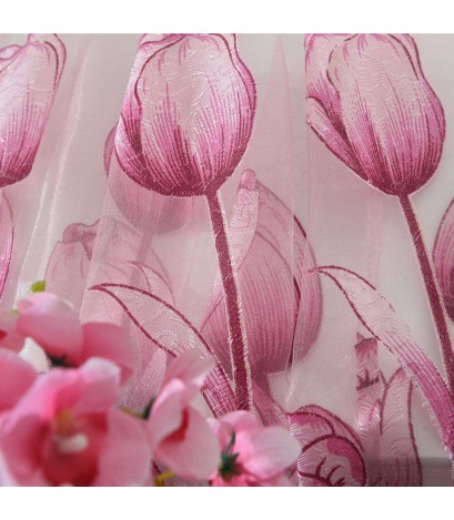 Flower Curtain Yarn Tulle Window Screen Sheer Panel Home Decor(Pink)