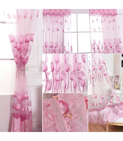 Flower Curtain Yarn Tulle Window Screen Sheer Panel Home Decor(Pink)