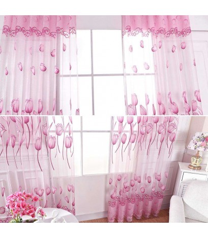 Flower Curtain Yarn Tulle Window Screen Sheer Panel Home Decor(Pink)