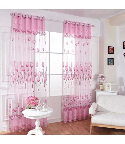 Flower Curtain Yarn Tulle Window Screen Sheer Panel Home Decor(Pink)