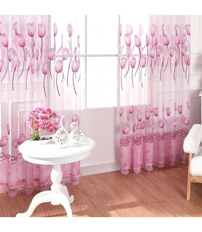 Flower Curtain Yarn Tulle Window Screen Sheer Panel Home Decor(Pink)