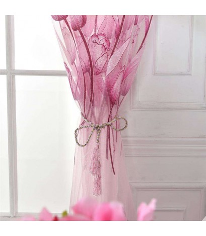 Flower Curtain Yarn Tulle Window Screen Sheer Panel Home Decor(Pink)