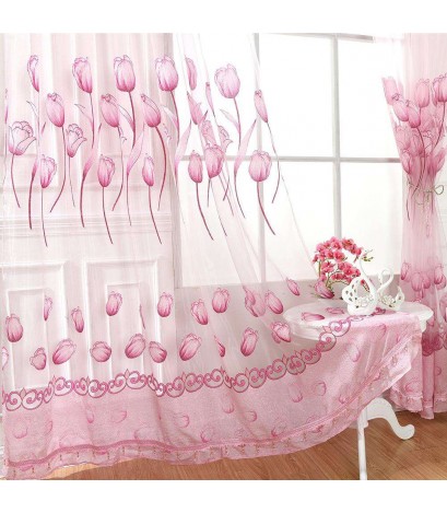 Flower Curtain Yarn Tulle Window Screen Sheer Panel Home Decor(Pink)