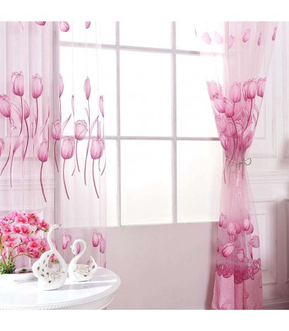 Flower Curtain Yarn Tulle Window Screen Sheer Panel Home Decor(Pink)