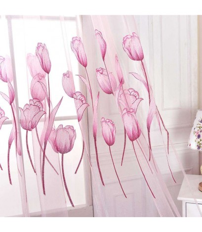 Flower Curtain Yarn Tulle Window Screen Sheer Panel Home Decor(Pink)