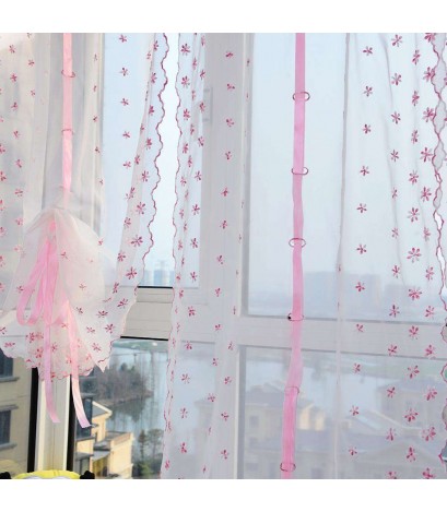 Pink Flowers Tulle Roman Curtain Window Drape Screen Purdah Balcony Decor