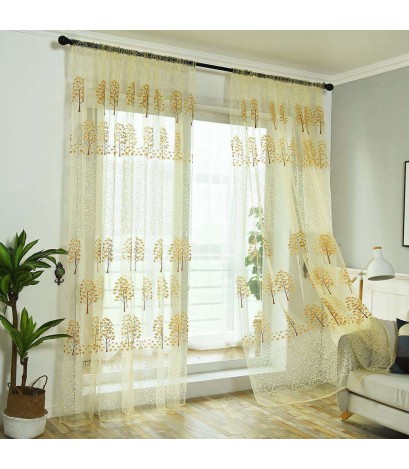 Leaf Tree Printing Tulle Voile Window Curtains Living Room Decor(Yellow)