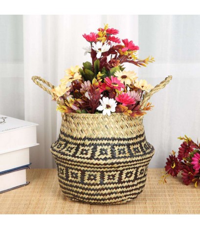 Folding Grass Woven Hang Storage Basket Garden Plants Flower Wicker Pot)