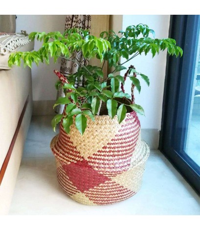 Grass Woven Hang Storage Bellied Basket Garden Flower Handle Pot(S