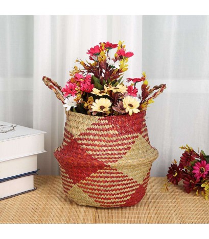 Grass Woven Hang Storage Bellied Basket Garden Flower Handle Pot(S