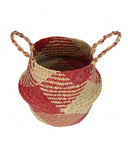 Grass Woven Hang Storage Bellied Basket Garden Flower Handle Pot(S