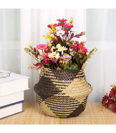 Grass Woven Hanging Storage Bellied Basket Flower Handle Pot)