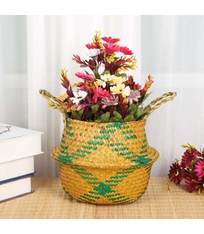 Grass Plaid Woven Hang Storage Bellied Basket Garden Flower Pot