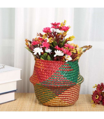 Grass Woven Hang Storage Bellied Basket Garden Plant Flower Pot