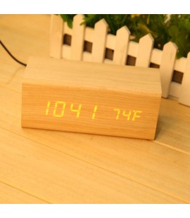 Sound Control Solid Wooden Desk Bedside Digital Alarm Clock Orange Light