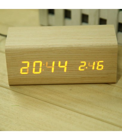 Sound Control Solid Wooden Desk Bedside Digital Alarm Clock Orange Light