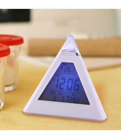 New 7 LED Color Pyramid Digital LCD Alarm Clock Thermometer