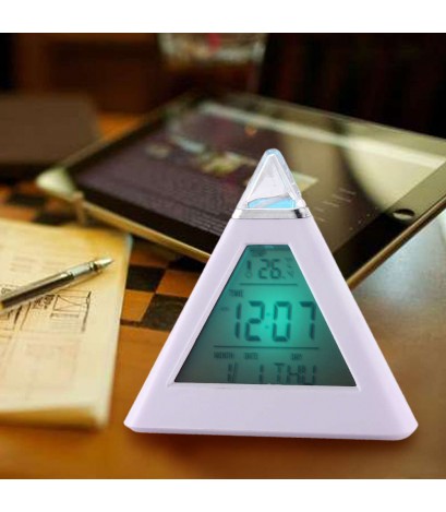 New 7 LED Color Pyramid Digital LCD Alarm Clock Thermometer