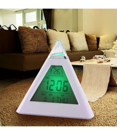 New 7 LED Color Pyramid Digital LCD Alarm Clock Thermometer