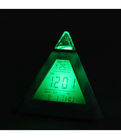 New 7 LED Color Pyramid Digital LCD Alarm Clock Thermometer