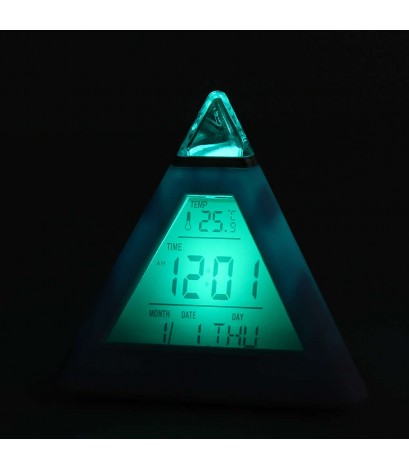 New 7 LED Color Pyramid Digital LCD Alarm Clock Thermometer