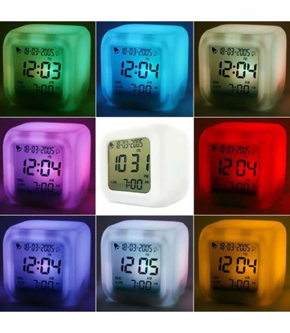 LED 7 Color  Glowing Change Digital Glowing Alarm Thermometer Clock Cube